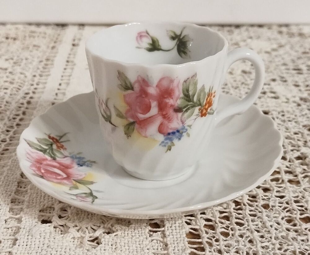 UCAGCO Demitasse Cup & Saucer - Occupied Japan - Roses on Swirl Pattern